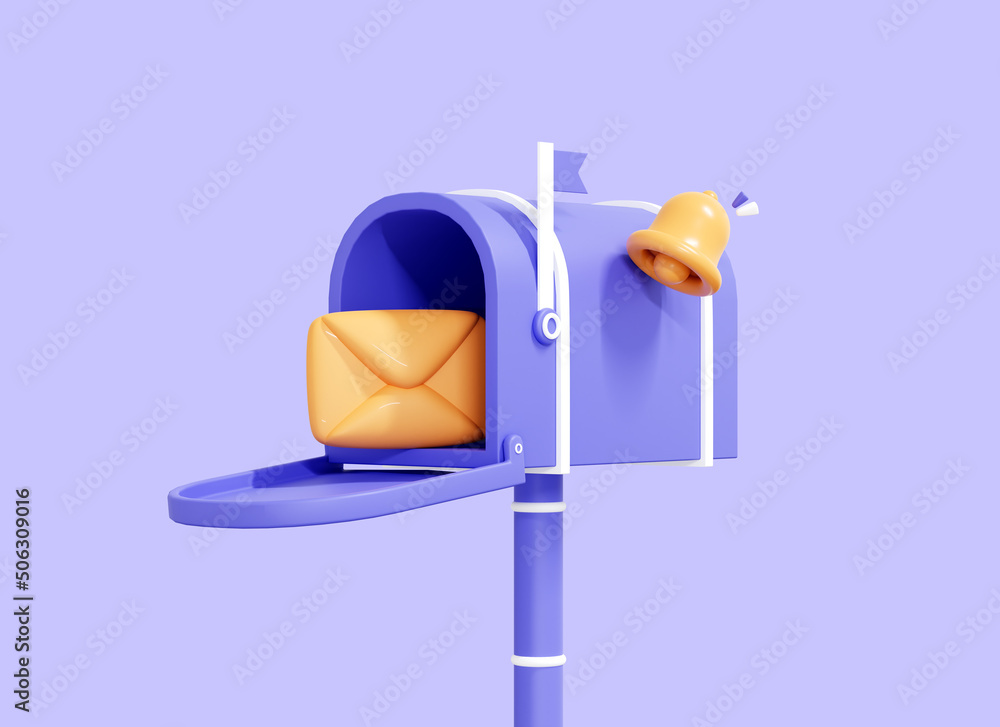 Poster 3d mailbox with letter in envelope and bell notification. newsletter concept. sent mail message. rec