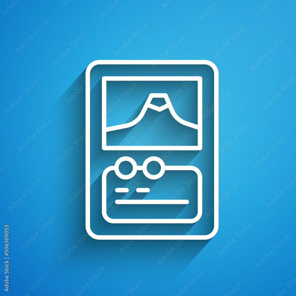 Poster white line card game collection icon isolated on blue background. fantasy ui kit with magic items. l