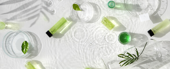 Cosmetic skincare background. Herbal medicine with green leaves. Natural sunlight, long shadows....