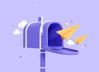 3D Cartoon Mailbox with Paper Airplane messages. Newsletter concept. Sending a telegram. Mail delivery. Isolated icon on purple background. Realistic elements. 3D Rendering