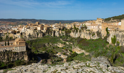 Naklejka premium Cityscape of Cuenca with view of old tiled buildings. Castilla-La Mancha, Spain.
