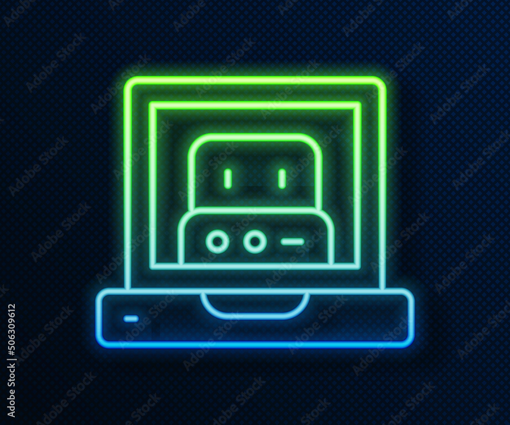 Aufkleber glowing neon line creating robot icon isolated on blue background. artificial intelligence, machine 