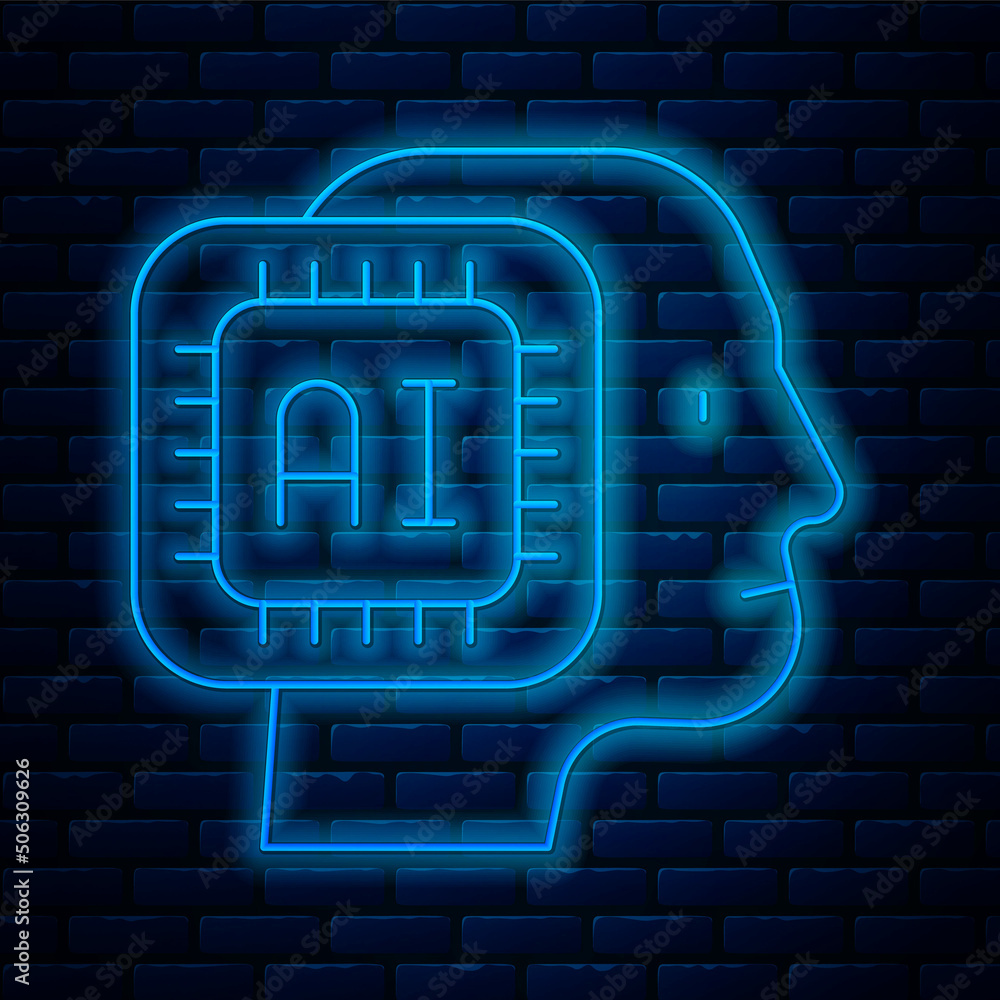 Aufkleber glowing neon line humanoid robot icon isolated on brick wall background. artificial intelligence, ma