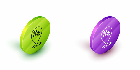 Isometric line Sleepy icon isolated on white background. Sleepy zzz black talk bubble. Green and purple circle buttons. Vector