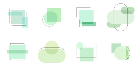 Zielone geometryczne kształty i linie z miejscem na tekst. Proste ramki do projektów, naklejki, kontenery. Podstawowe figury.