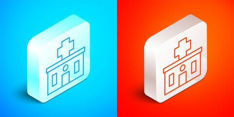 Isometric line Medical hospital building with cross icon isolated on blue and red background. Medical center. Health care. Silver square button. Vector