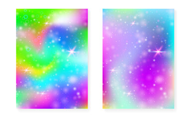 Fototapeta na wymiar Unicorn background with kawaii magic gradient. Princess rainbow hologram.