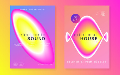 Fototapeta premium Sound Flyer. Fun Techno Poster. Wavy Glitch For Brochure. Abstract Background For Magazine Template. Club And Nightlife Shape. Pink And Yellow Sound Flyer