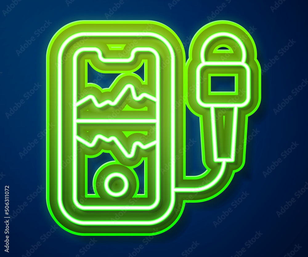 Aufkleber glowing neon line mobile recording icon isolated on blue background. mobile phone with microphone. v