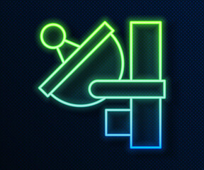 Glowing neon line Radar icon isolated on blue background. Search system. Satellite sign. Vector