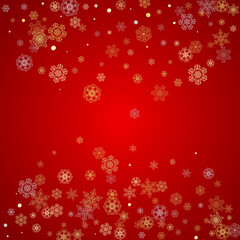 Christmas snow on red background. Glitter frame for seasonal winter banners, gift coupon, voucher, ads, party event. Santa Claus colors with golden Christmas snow. Falling snowflakes for holiday