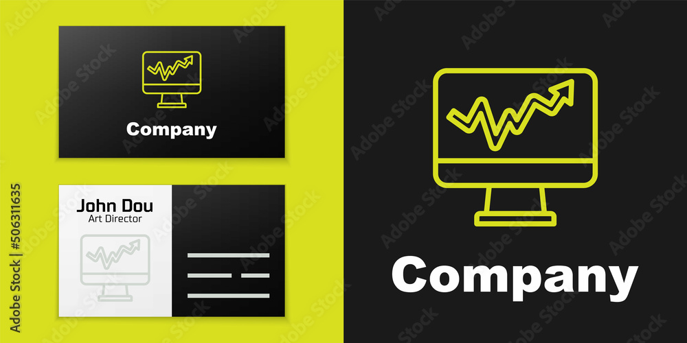Aufkleber logotype line computer monitor with graph chart icon isolated on black background. report text file 