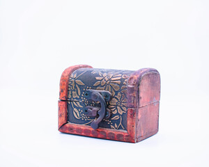 Small old wooden and metal chest isolated on white background