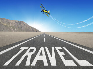 Travel text on highway background