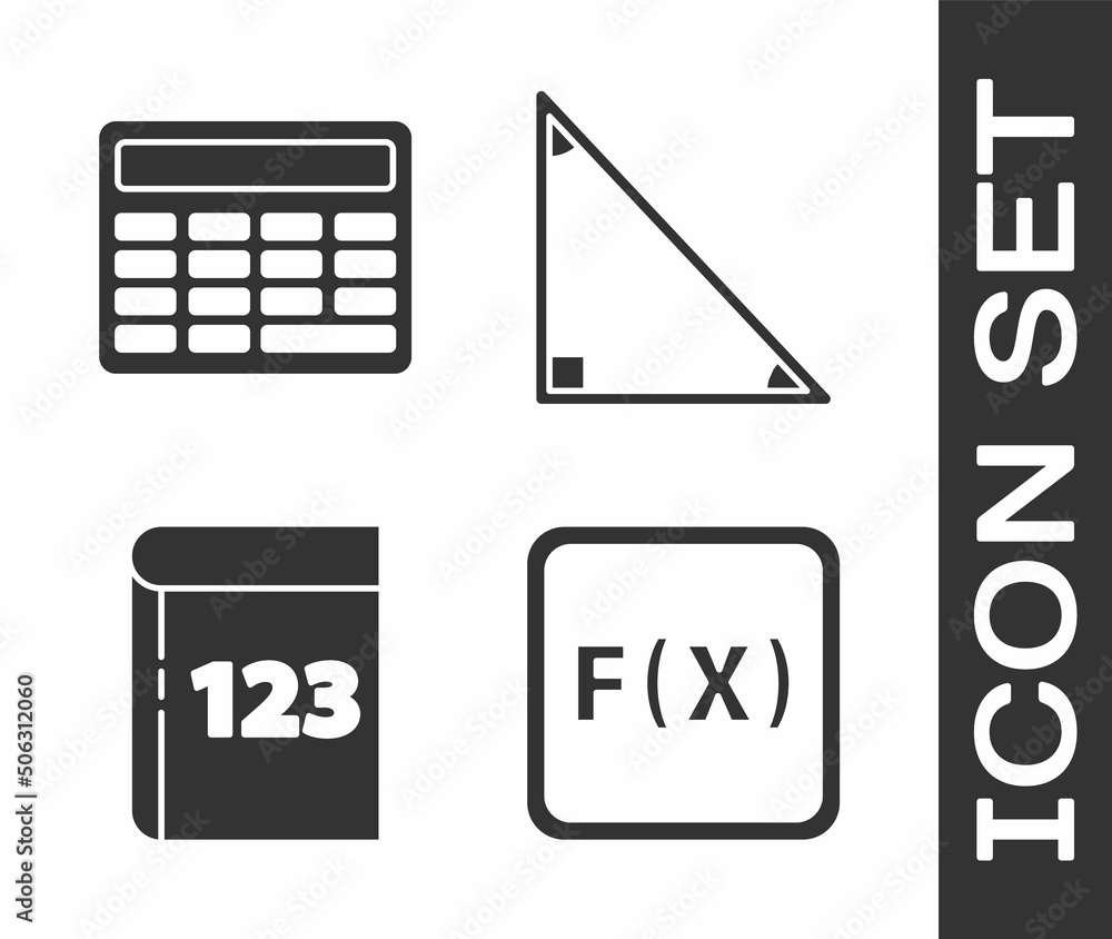 Poster set function mathematical symbol, calculator, book with word mathematics and triangle math icon. vec