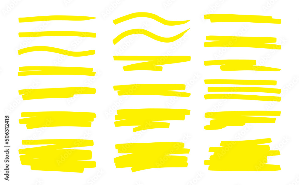 Poster Highlight underline brush. Yellow marker pen stroke. Line brush vector set for memo highlight element, yellow marker effect, drawing text frame.