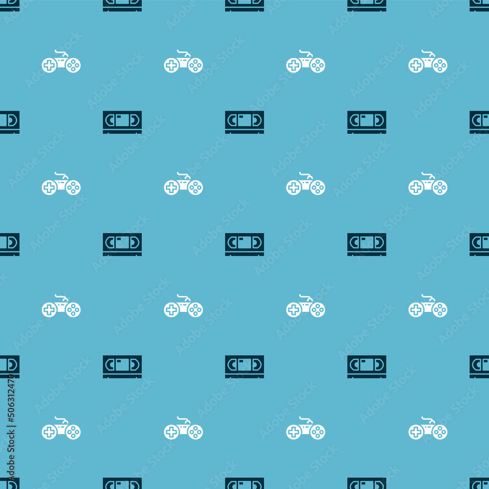 Poster set vhs video cassette tape and gamepad on seamless pattern. vector
