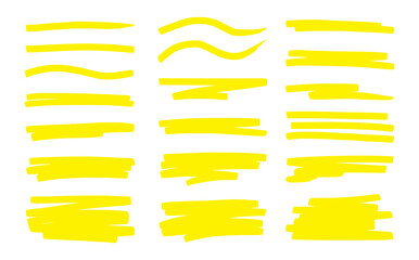 Fototapeta na wymiar Highlight underline brush. Yellow marker pen stroke. Line brush vector set for memo highlight element, yellow marker effect, drawing text frame.