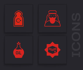 Set Kaaba mosque, Muslim Mosque, man and Essential oil bottle icon. Vector