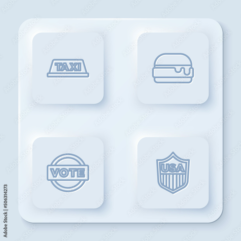 Sticker Set line Taxi car roof, Burger, Vote and Shield with stars. White square button. Vector