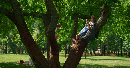 Joyful children sitting tree on picnic. Cute siblings play on wide branches.