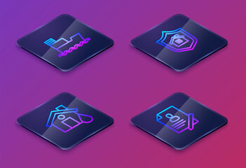 Set Isometric line Ship, House flood, with shield and Document. Blue square button. Vector