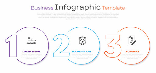 Set line Ship, Graduation cap with shield and Document. Business infographic template. Vector