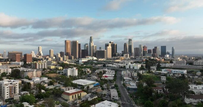 Los Angeles downtown. California theme with LA background. Los Angels city center. Flying and filmed LA by drone.