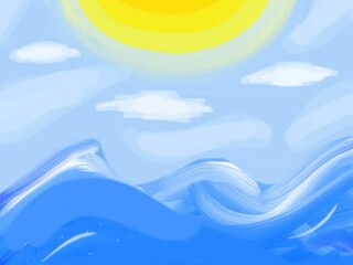 Fototapeta na wymiar Ilustacion del sol y el mar en tonos azules