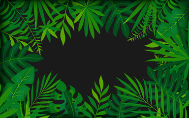 Tropical dense foliage trendy banner card dark flat style. Luxury background elite black screen saver template promotional organic exotic cosmetics. Themed party invitation card beauty salon visit