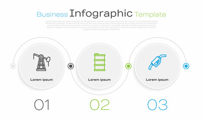Set line Oil pump or pump jack, Barrel oil and Gasoline nozzle. Business infographic template. Vector