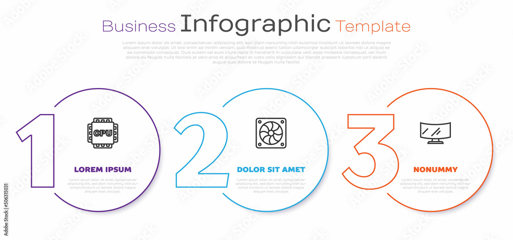 Poster set line processor with cpu, computer cooler and monitor screen. business infographic template. vect