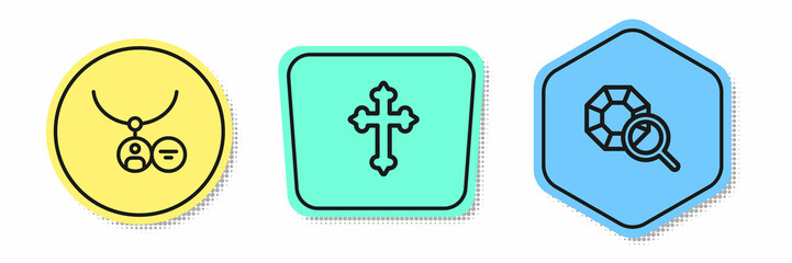 Set line Locket on necklace, Christian cross and Gem stone. Colored shapes. Vector