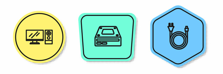 Set line Computer monitor, Optical disc drive and Electric plug. Colored shapes. Vector