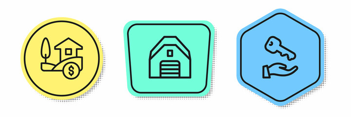 Set line House with dollar, Garage and key. Colored shapes. Vector