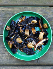 Grilled mushrooms. BBQ background. Summer barbeque. 