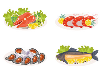 Fish diah sea food on plate isolated set. Vector flat cartoon graphic design illustration