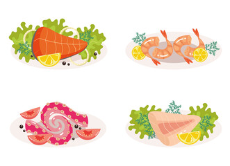 Fish diah sea food on plate isolated set. Vector flat cartoon graphic design illustration