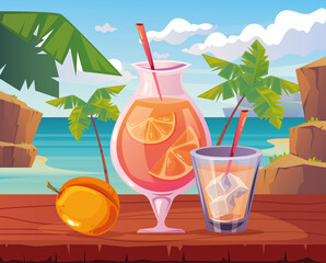 Summer tourist resort bar pub on sea beach concept. Cocktail party concept. Vector flat cartoon graphic design illustration