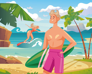 Obraz na płótnie Canvas People man woman character surfing on beach sea resort concept. Vector flat cartoon graphic design illustration