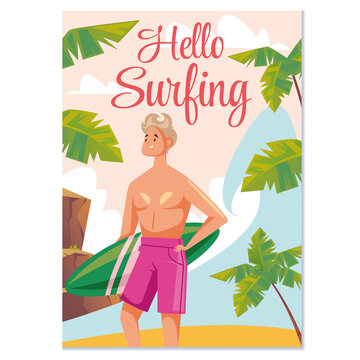 Surfing sea sport resort banner poster cover concept. Vector flat cartoon graphic design illustration