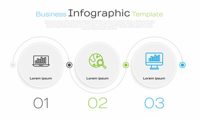 Set line Laptop with graph chart, Search globe and Monitor. Business infographic template. Vector