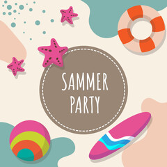 Summer banner with beach background with buoys surfboards leaves balls starfish shells hand draw style. - Vector.