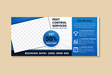 pest control services banner template design with an image and text placement, professional eye-catchy colorful design. Standard for web page banner and social media post, horizontal vector layout.