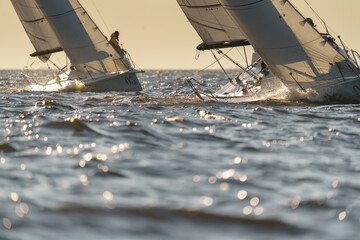 Teamwork in sailing regatta at sunset, still water, the clear sky, hot racing - obrazy, fototapety, plakaty