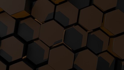 Abstract background with waves made of black futuristic honeycomb mosaic geometry primitive forms that goes up and down under orange back-lighting. 3D illustration. 3D CG. High resolution.