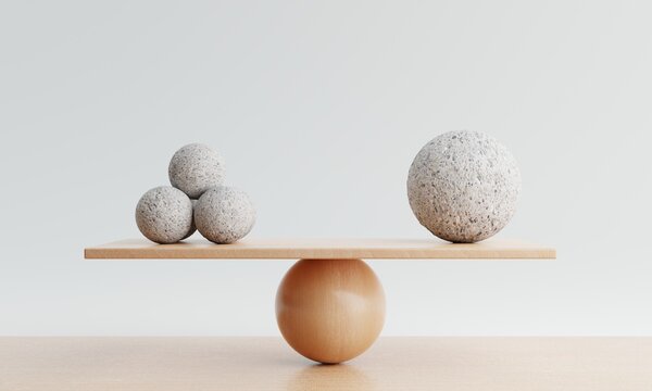 Wooden scale balancing with one big ball and five small balls. Harmony and balance concept. 3D illustration rendering