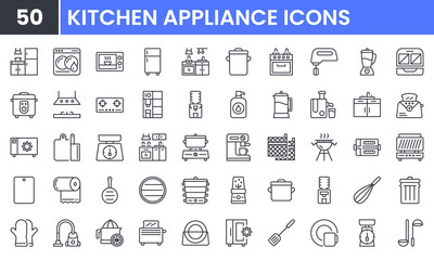Kitchen Appliances vector line icon set. Contains linear outline icons like Microwave, Blender, Oven, Juicer, Cooker, Mixer, Washer, Fridge, Stove, Sink, Kitchenware, Cookware. Editable use and stroke