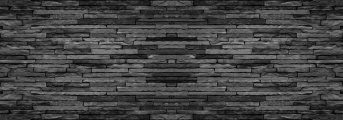 panorama black brick wall texture for pattern background.
