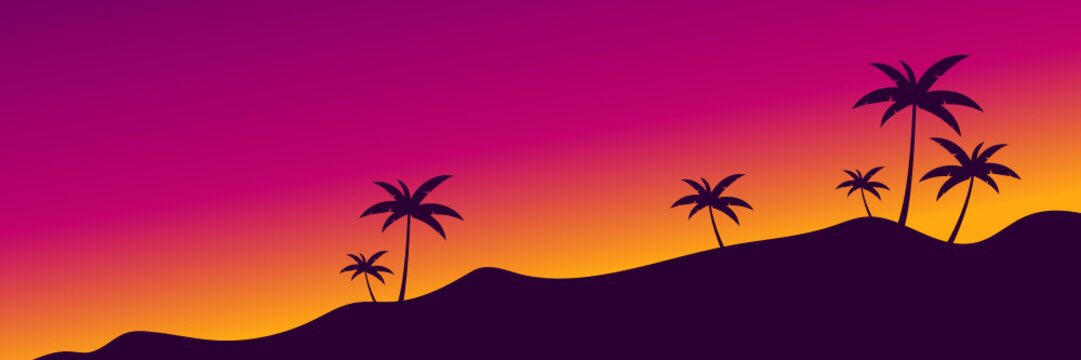 summer vibes, silhouette illustration of a hill with coconut trees in a unique color of the twilight sky